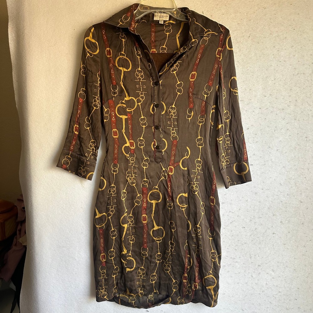 Karen Millen England Silk Equestrian Print Shirt Dress Brown Belted US 8